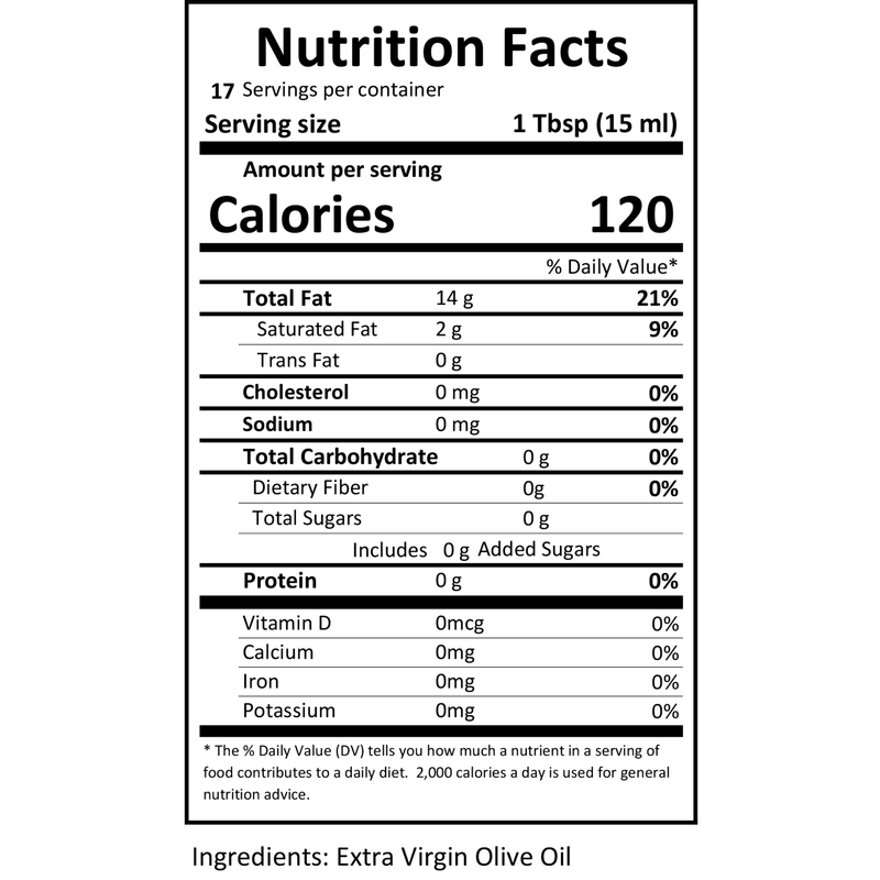 Close-up view of the Arbequina Extra Virgin Olive Oil nutrition label, detailing calories, fat content, and other essential nutritional information.