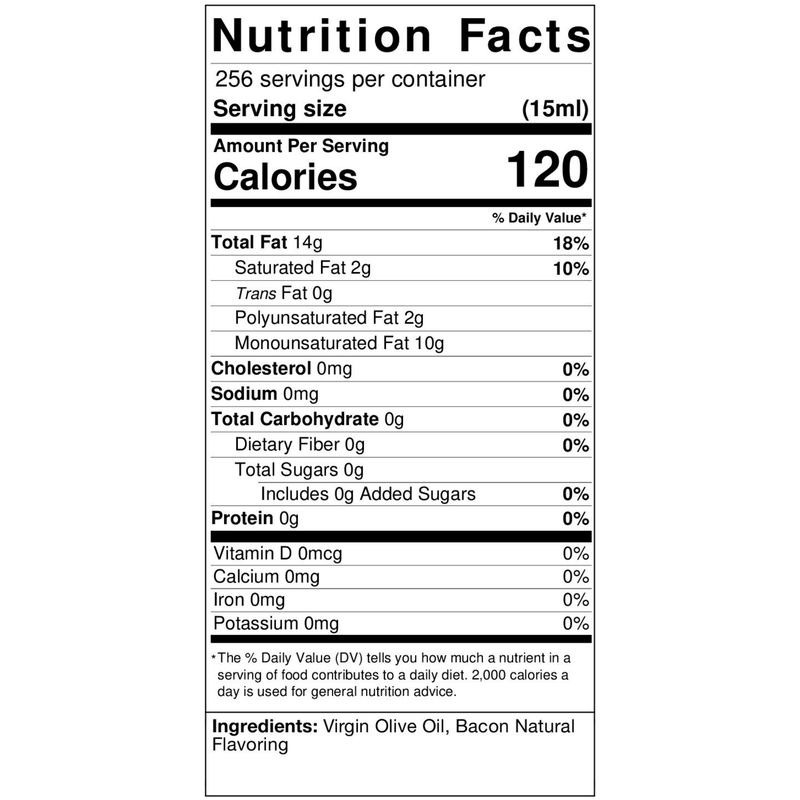 Close-up of the nutrition label for Bacon Infused Olive Oil.