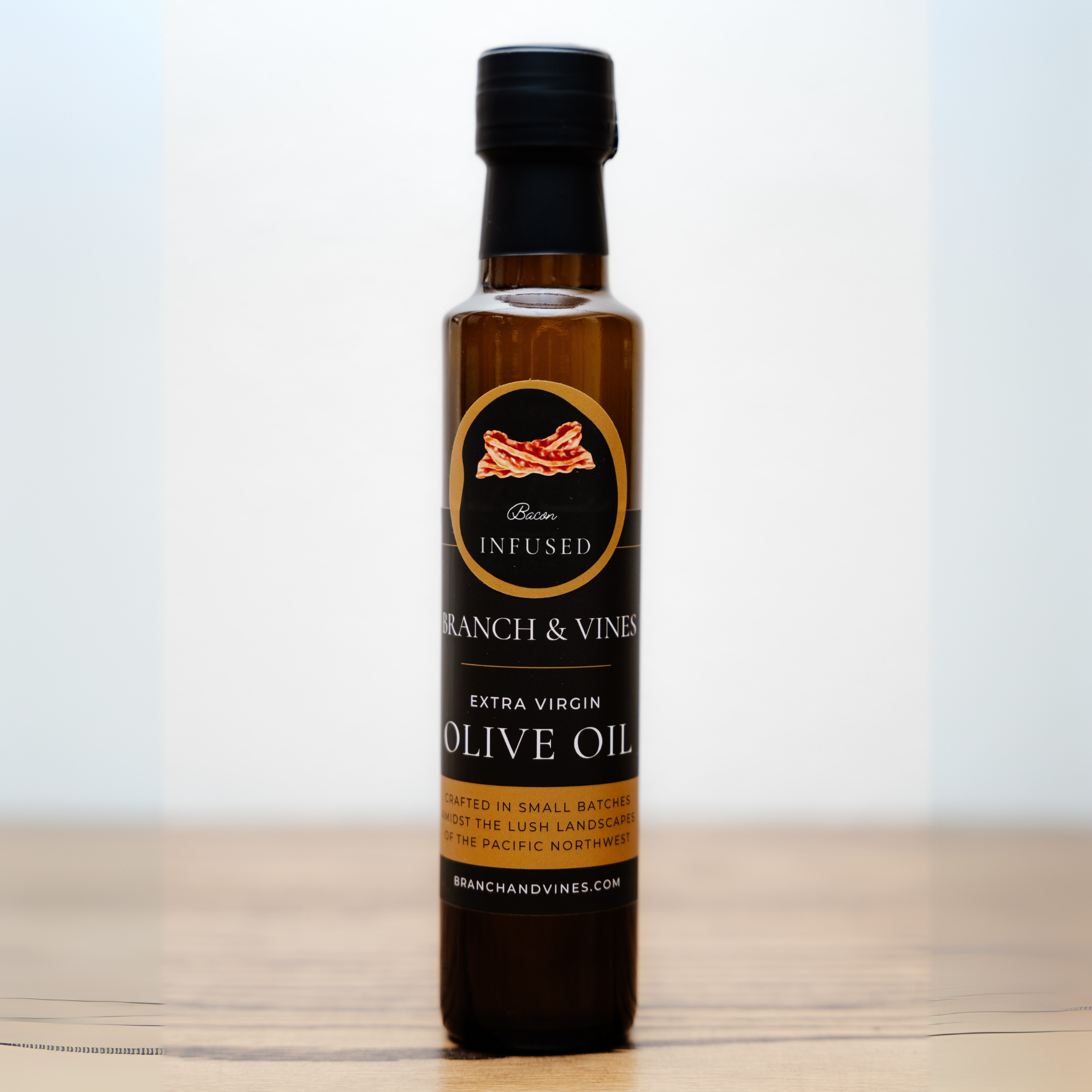 Bacon Infused Olive Oil bottle on a clean white background.