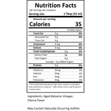 Zoomed-in view of the nutrition label on Black Cherry Balsamic Vinegar, showing details like calories, sugar content, and other nutritional facts.