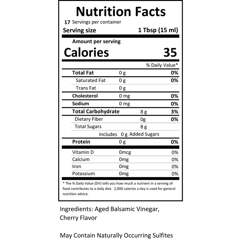 Zoomed-in view of the nutrition label on Black Cherry Balsamic Vinegar, showing details like calories, sugar content, and other nutritional facts.