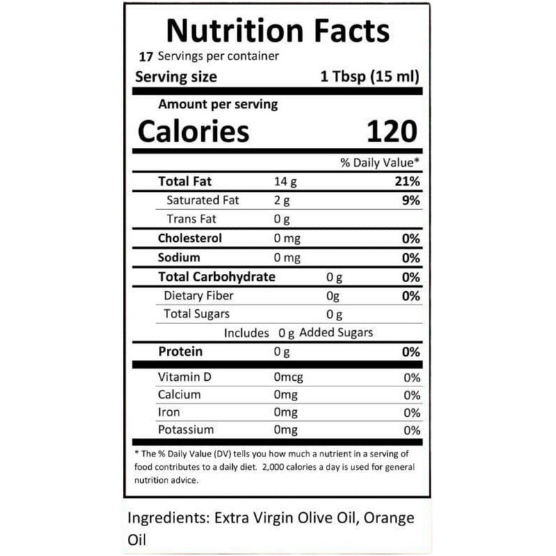 Close-up of the nutrition label for Blood Orange Infused Olive Oil.