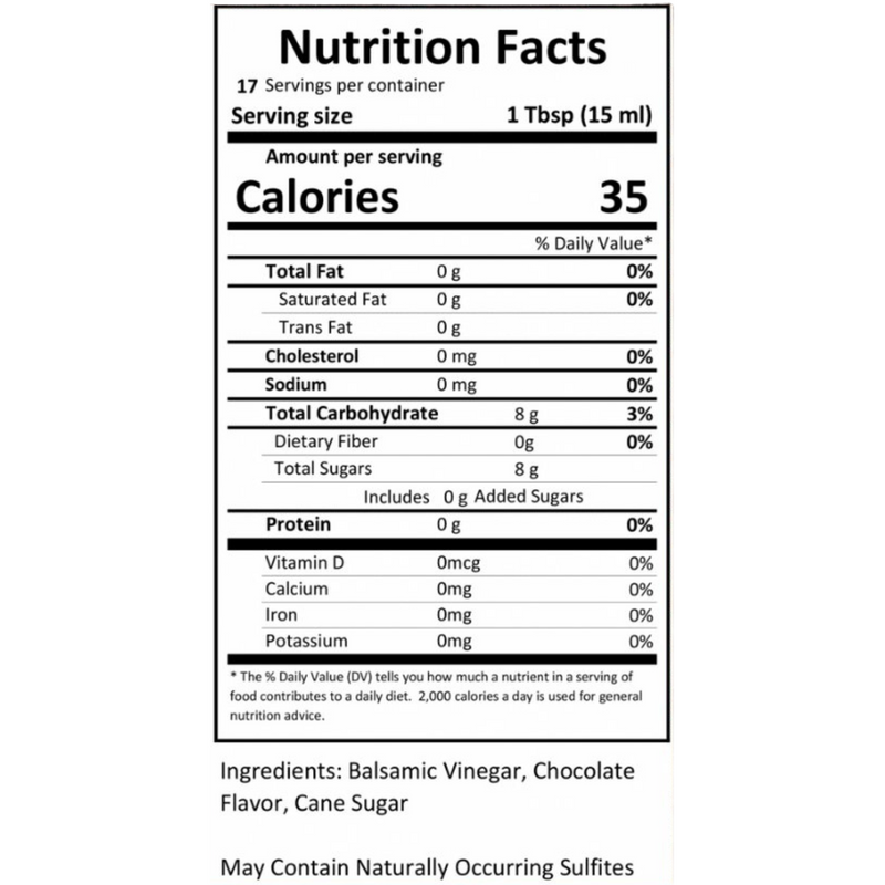 Close-up of the nutrition label on Chocolate Dark Balsamic Vinegar, detailing calorie count, sugar content, and other essential information.