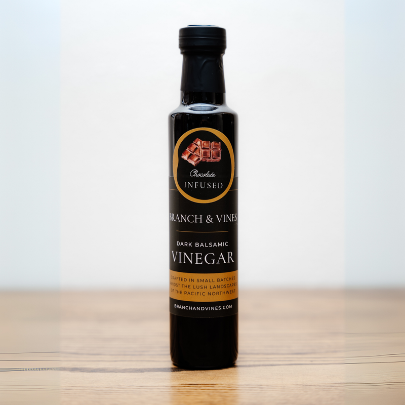 Chocolate Dark Balsamic Vinegar bottle on a clean white background, highlighting its luxurious dark hue and premium packaging.