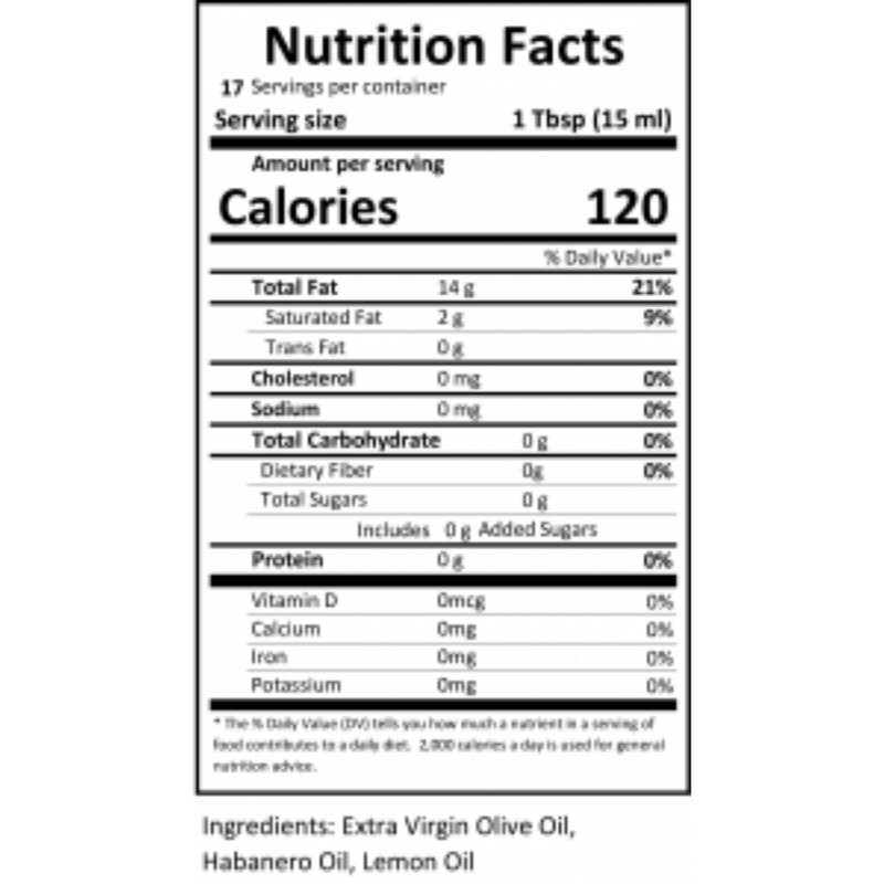 Close-up of the nutrition label for Citrus Habanero Infused Olive Oil.