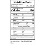 Close-up of the nutrition label for Fresh Basil Infused Olive Oil.