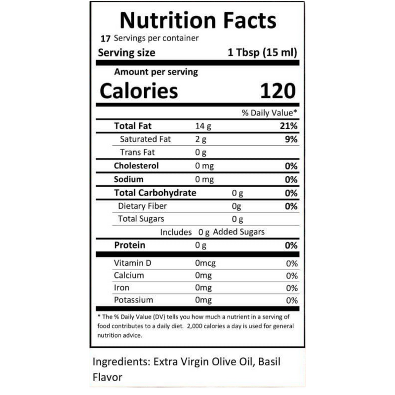 Close-up of the nutrition label for Fresh Basil Infused Olive Oil.