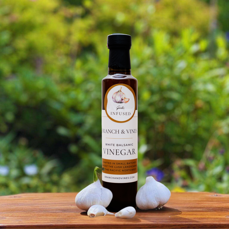 Garlic White Balsamic Vinegar bottle.