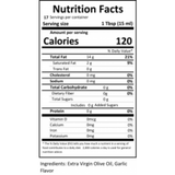 Close-up of the nutrition label for Harvest Garlic Olive Oil.