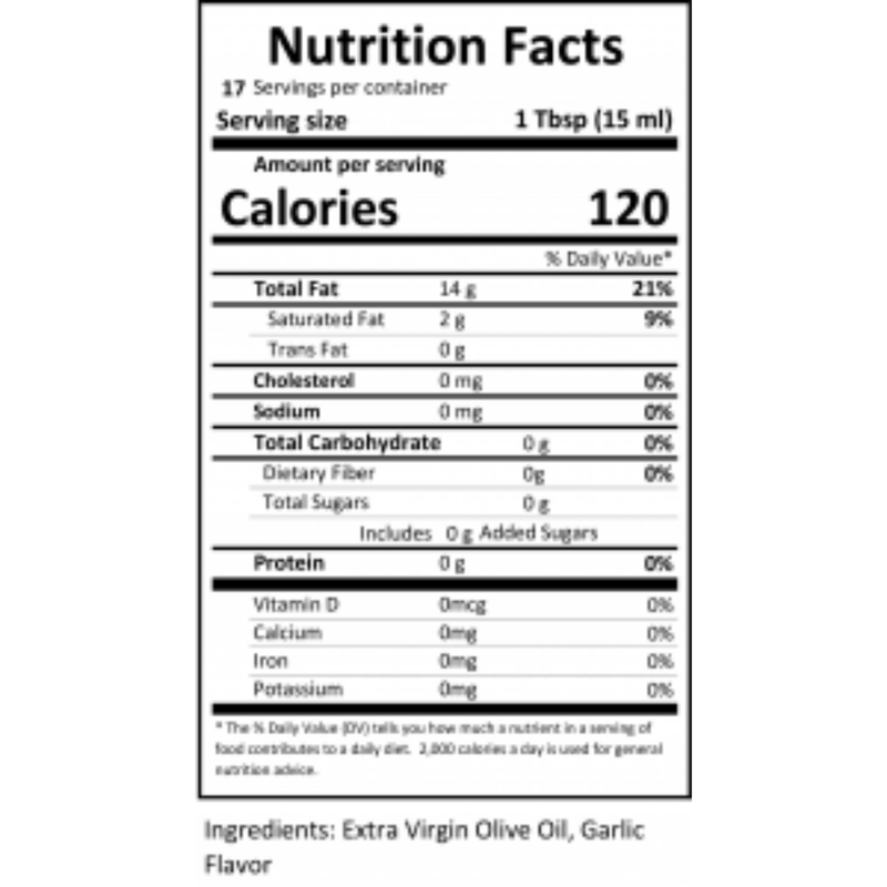 Close-up of the nutrition label for Harvest Garlic Olive Oil.