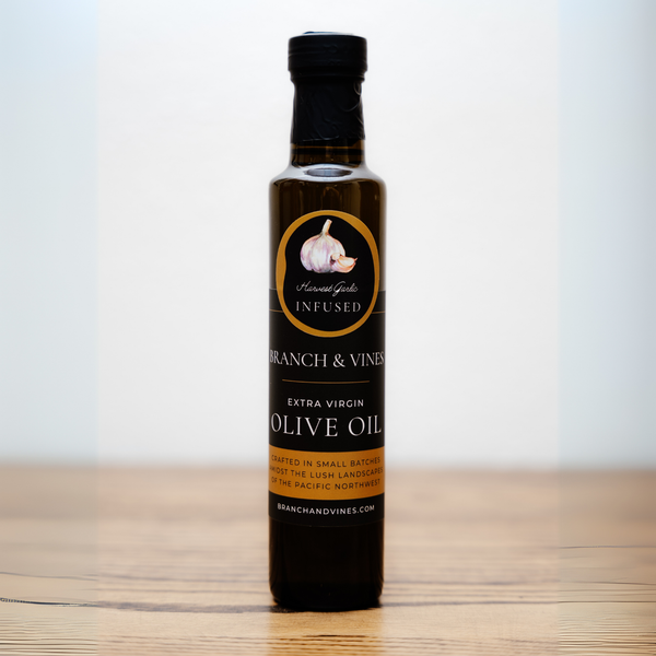 Harvest Garlic Olive Oil bottle on a clean white background.