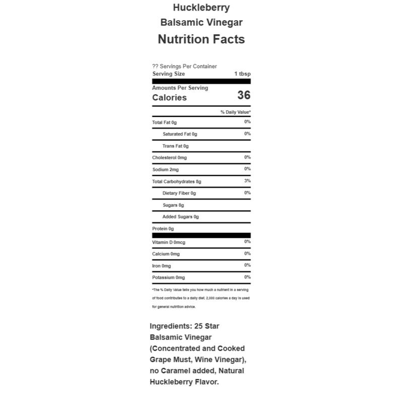 Close-up of the nutrition label for Huckleberry Dark Balsamic Vinegar.