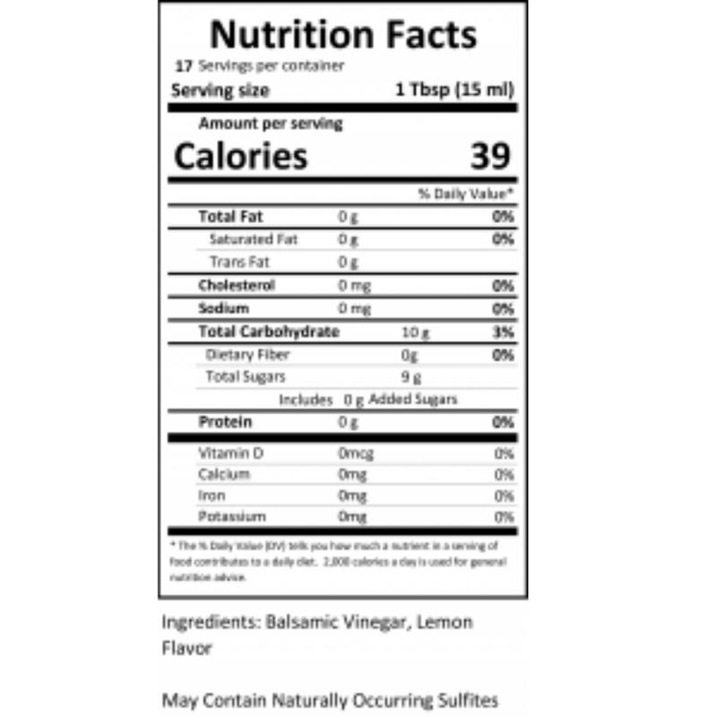 Close-up of the nutrition label for Lemon White Balsamic Vinegar.