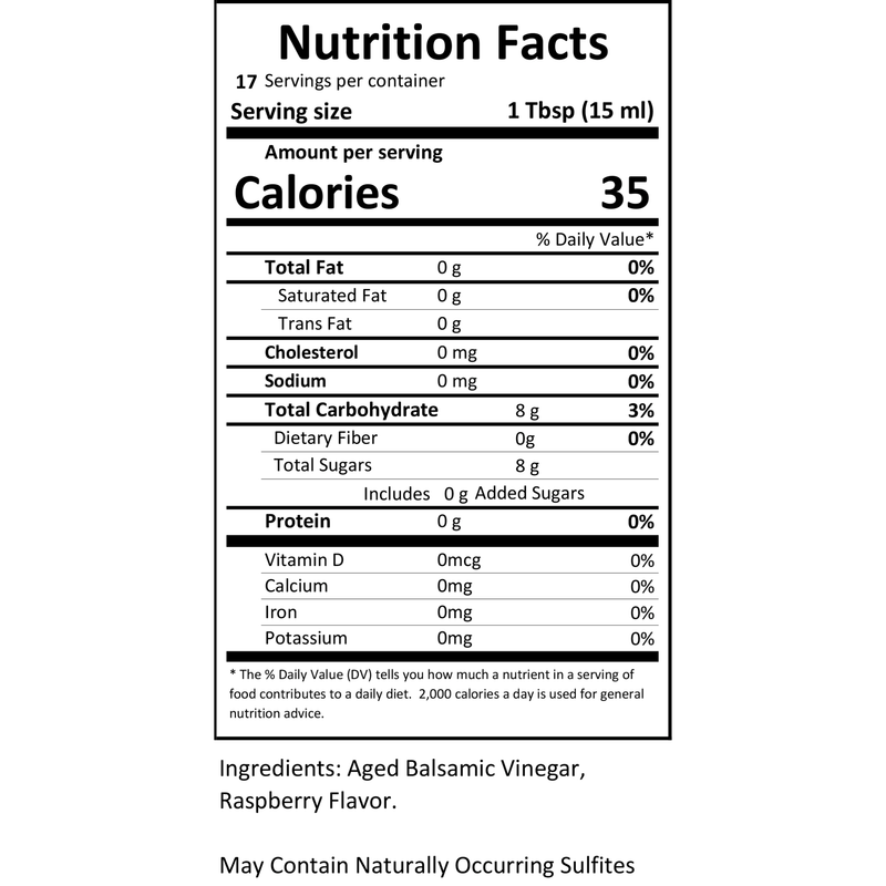 Close-up of the nutrition label for Raspberry Dark Balsamic Vinegar.