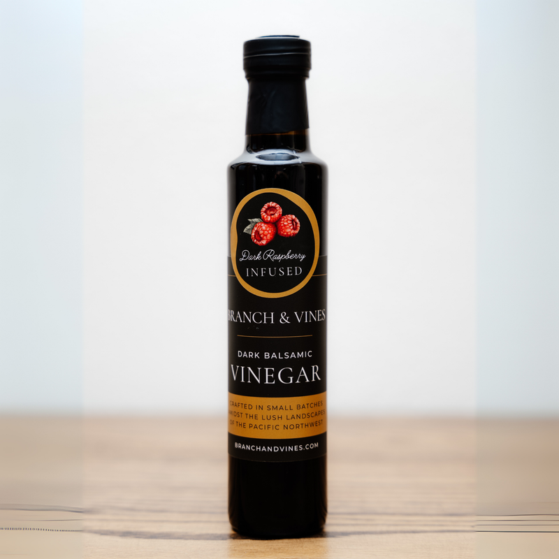 Raspberry Dark Balsamic Vinegar bottle on a clean white background.