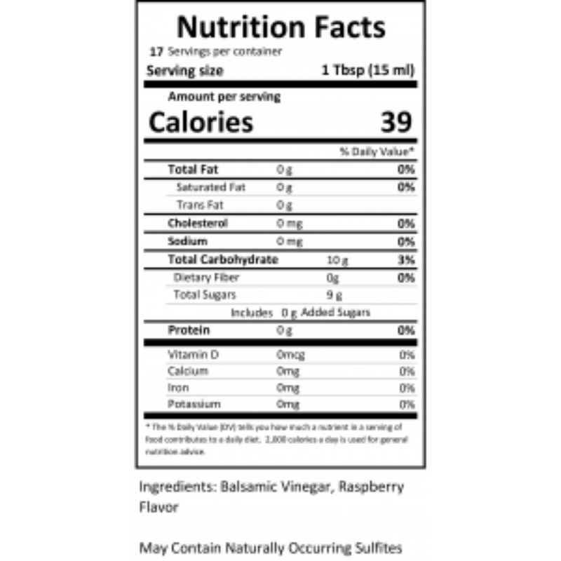 Close-up of the nutrition label for Raspberry White Balsamic Vinegar.