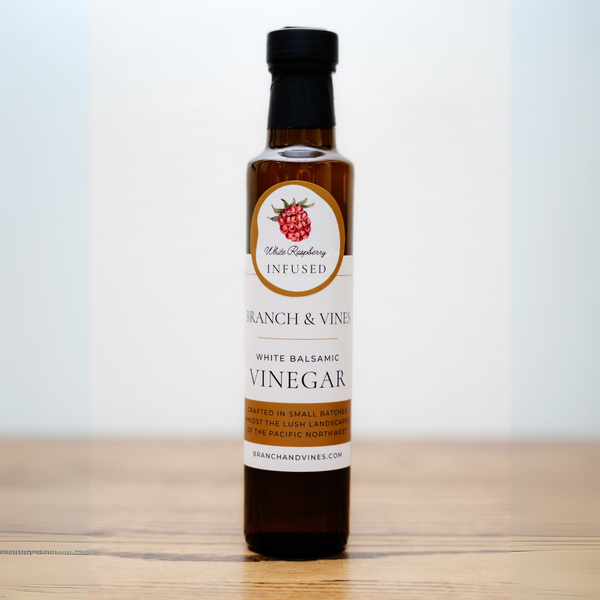 Raspberry White Balsamic Vinegar bottle on a clean white background.