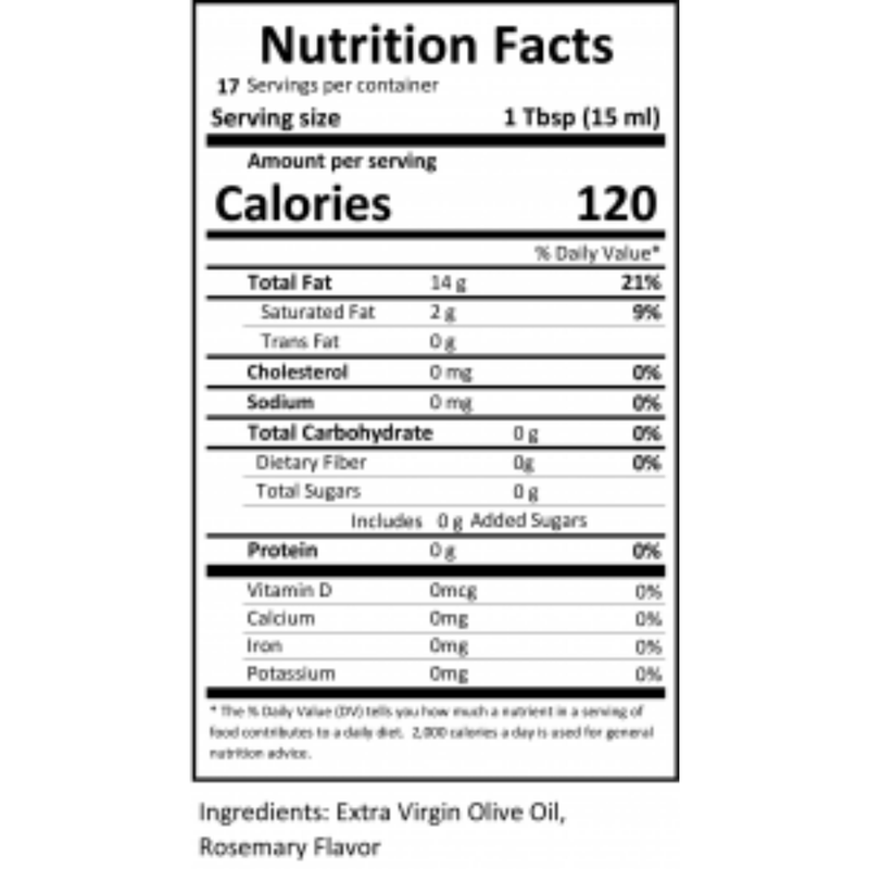 Close-up of the nutrition label for Rosemary Infused Olive Oil.