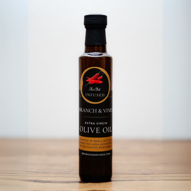 Thai Bird Chili Infused Olive Oil bottle on a clean white background.