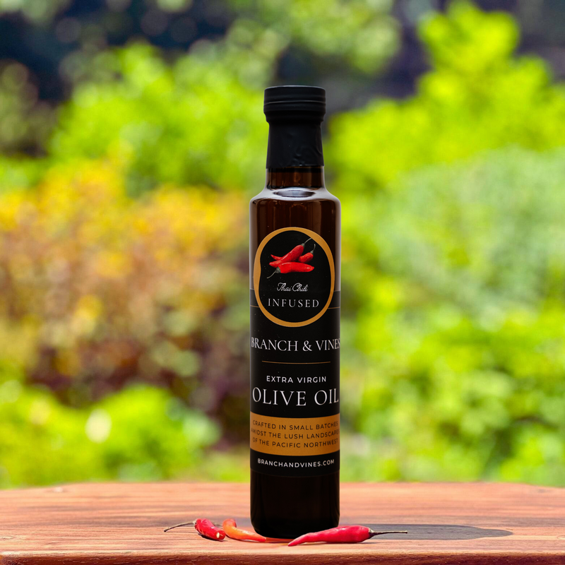 Thai Bird Chili Infused Olive Oil bottle.