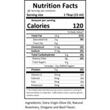 Close-up of the nutrition label for Tuscan Herb Infused Olive Oil.