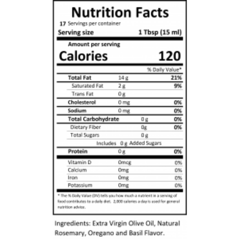 Close-up of the nutrition label for Tuscan Herb Infused Olive Oil.