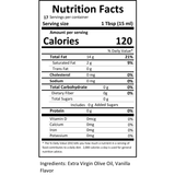 Close-up of the nutrition label for Vanilla Infused Olive Oil.