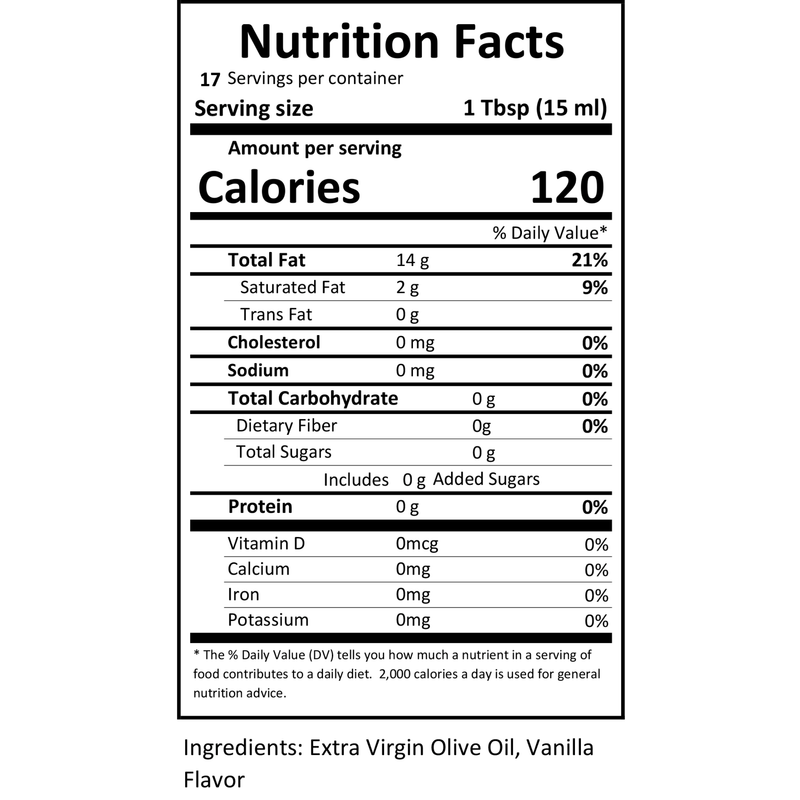 Close-up of the nutrition label for Vanilla Infused Olive Oil.