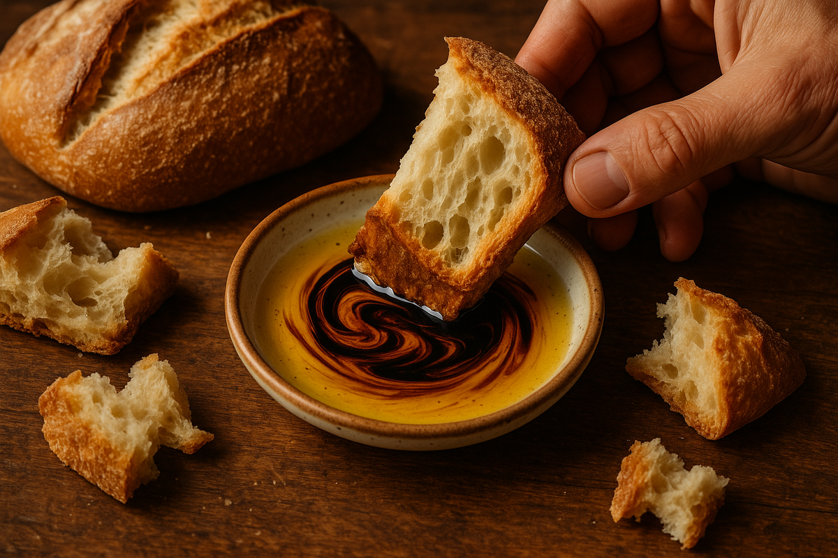 dipping bread in olive oil and balsamic